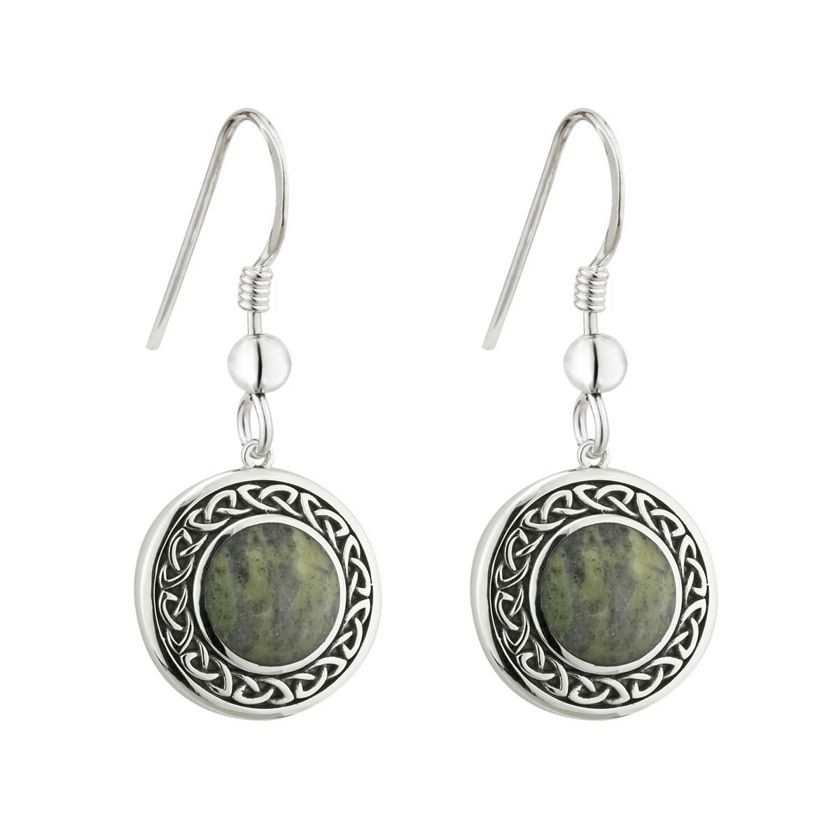 Cashs Ireland, Sterling Silver and Connemara Marble Round Celtic Drop Earrings Pair